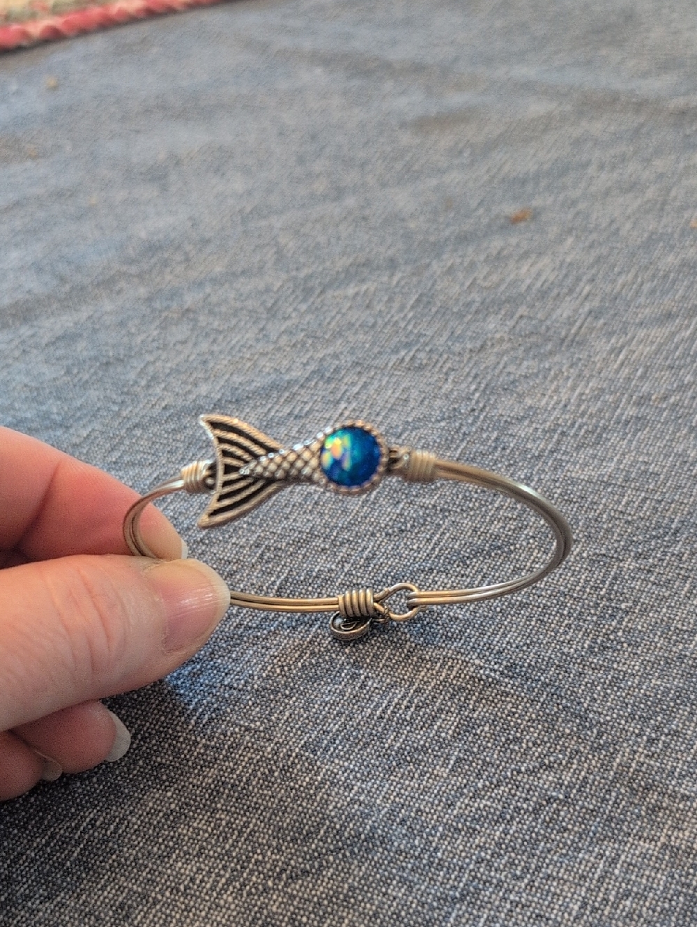 Blue Opal Mermaid Tail Silver Bangle Bracelet